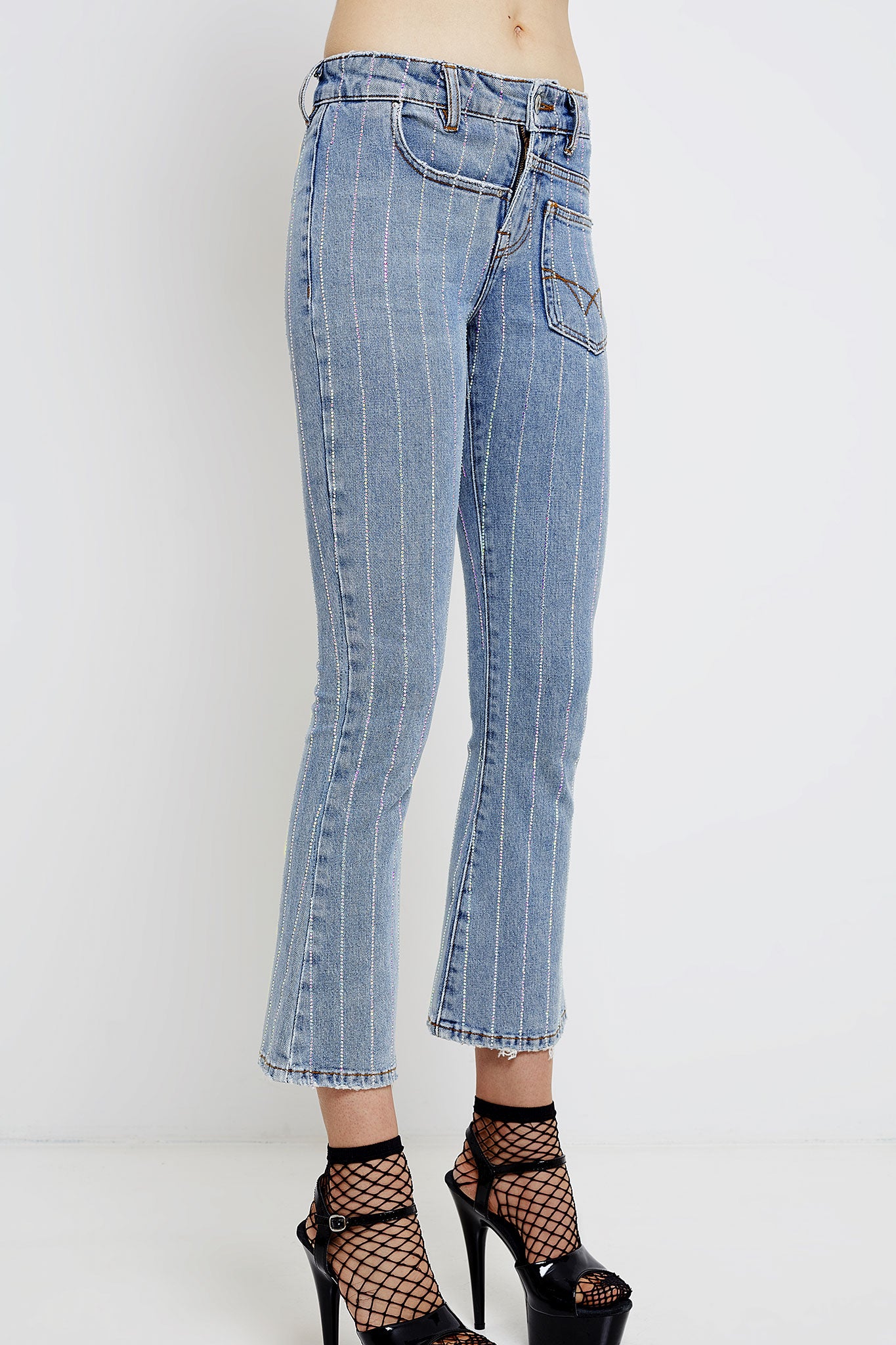 Woman 7/8 flared jeans with crystal stripes 